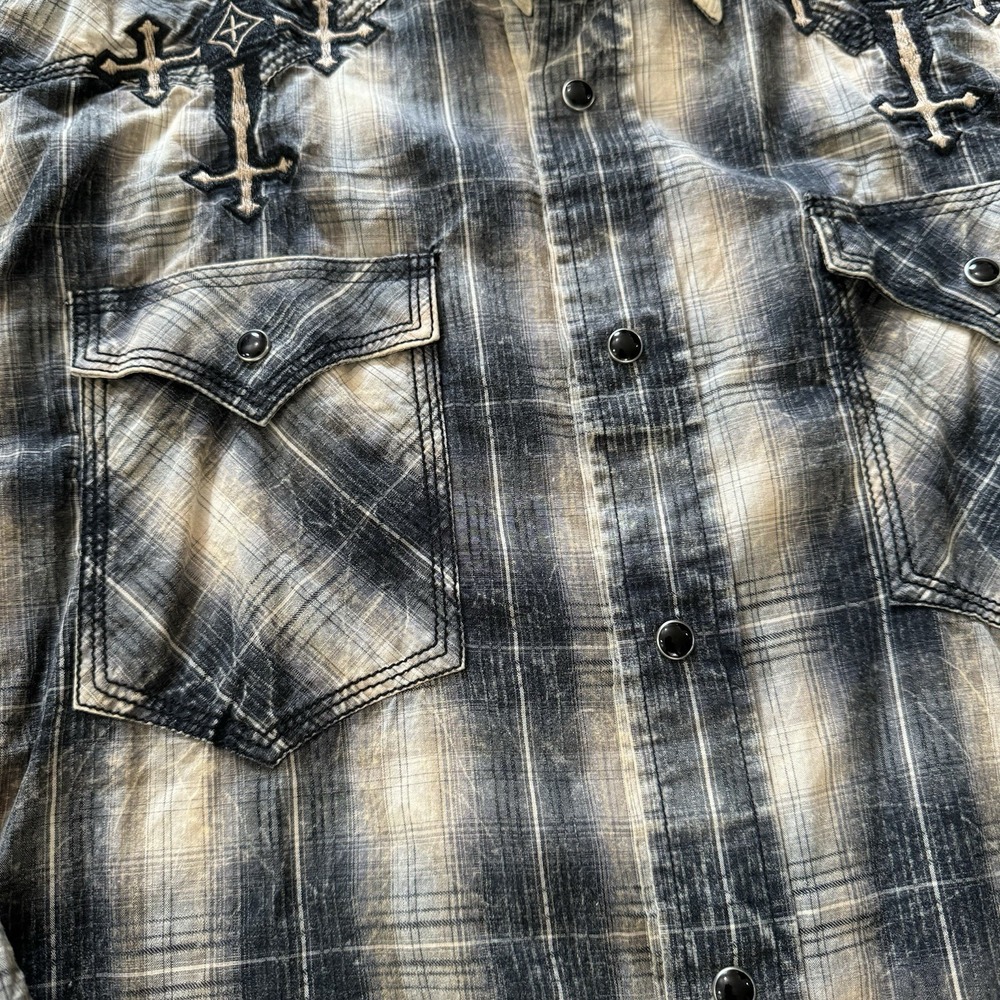 Panhandle Slim Y2K Western Cowboy Pearl‎ Snap Shirt Sz L Fade Plaid 90 Proof - Picture 5 of 9